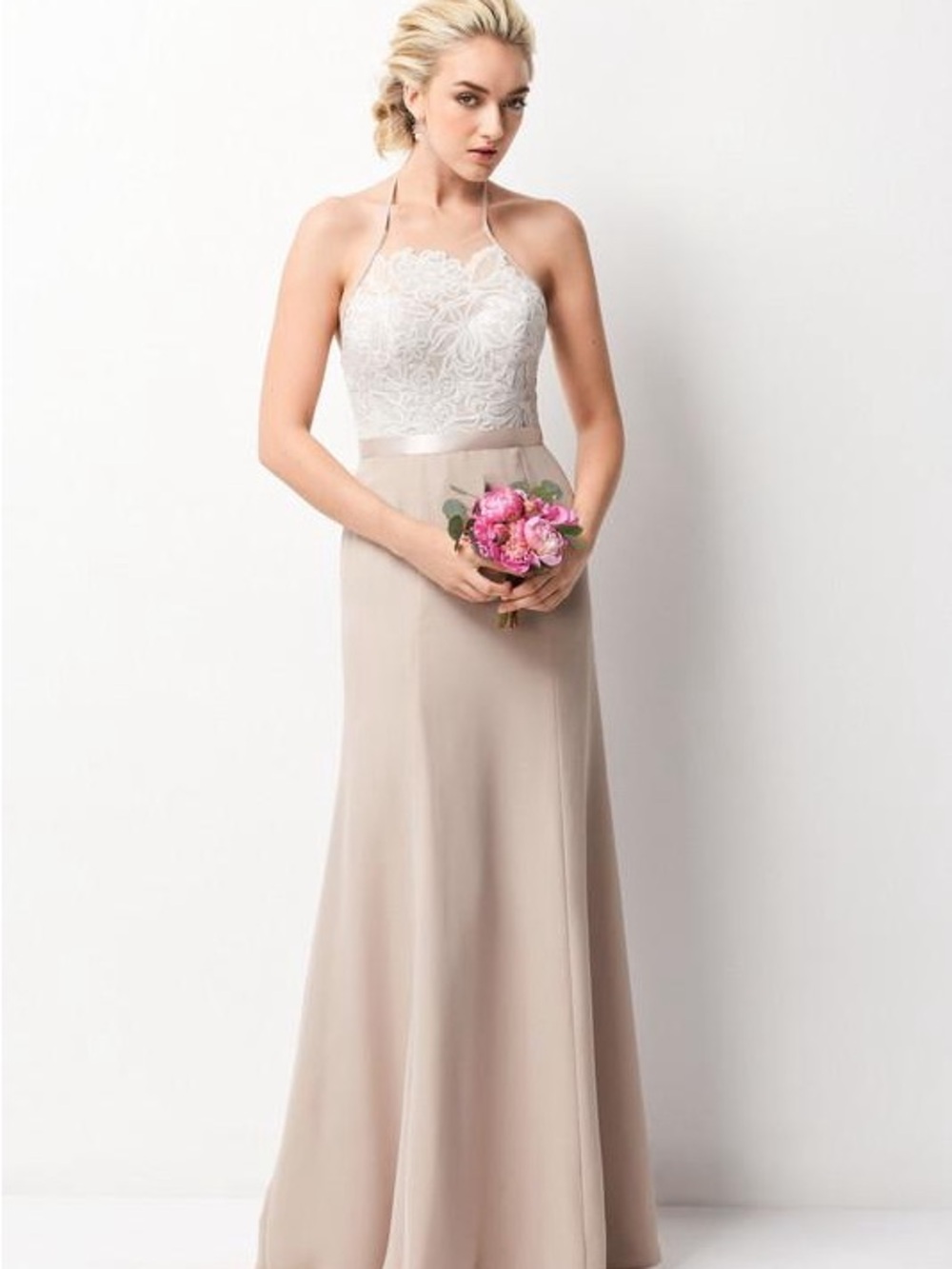 Wtoo Halter sequin Bodice Maxi Dress in White and Taupe